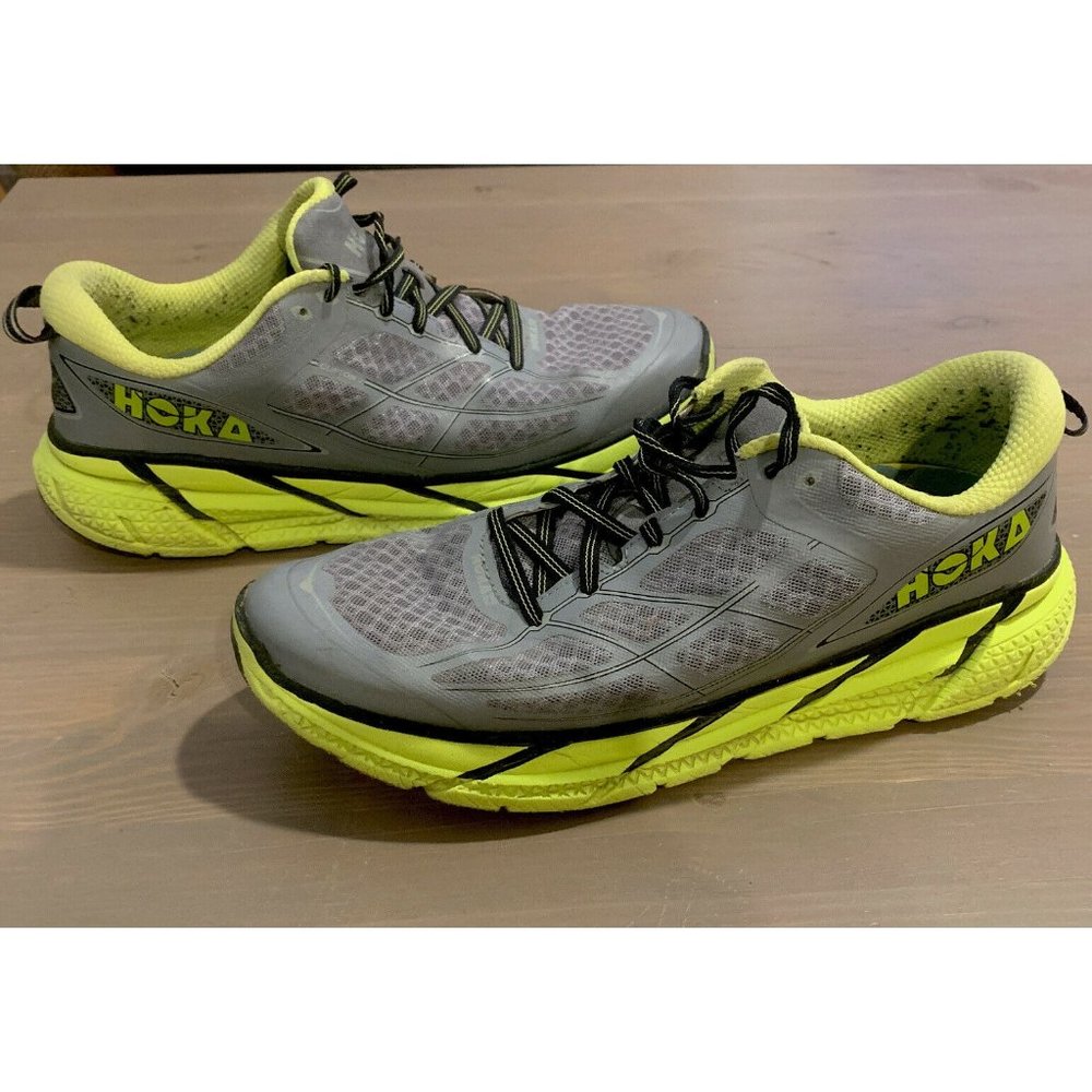 Hoka One One Clifton 2 Men Size 12 Running Shoe Grey Green/Yellow Ortholite EUC